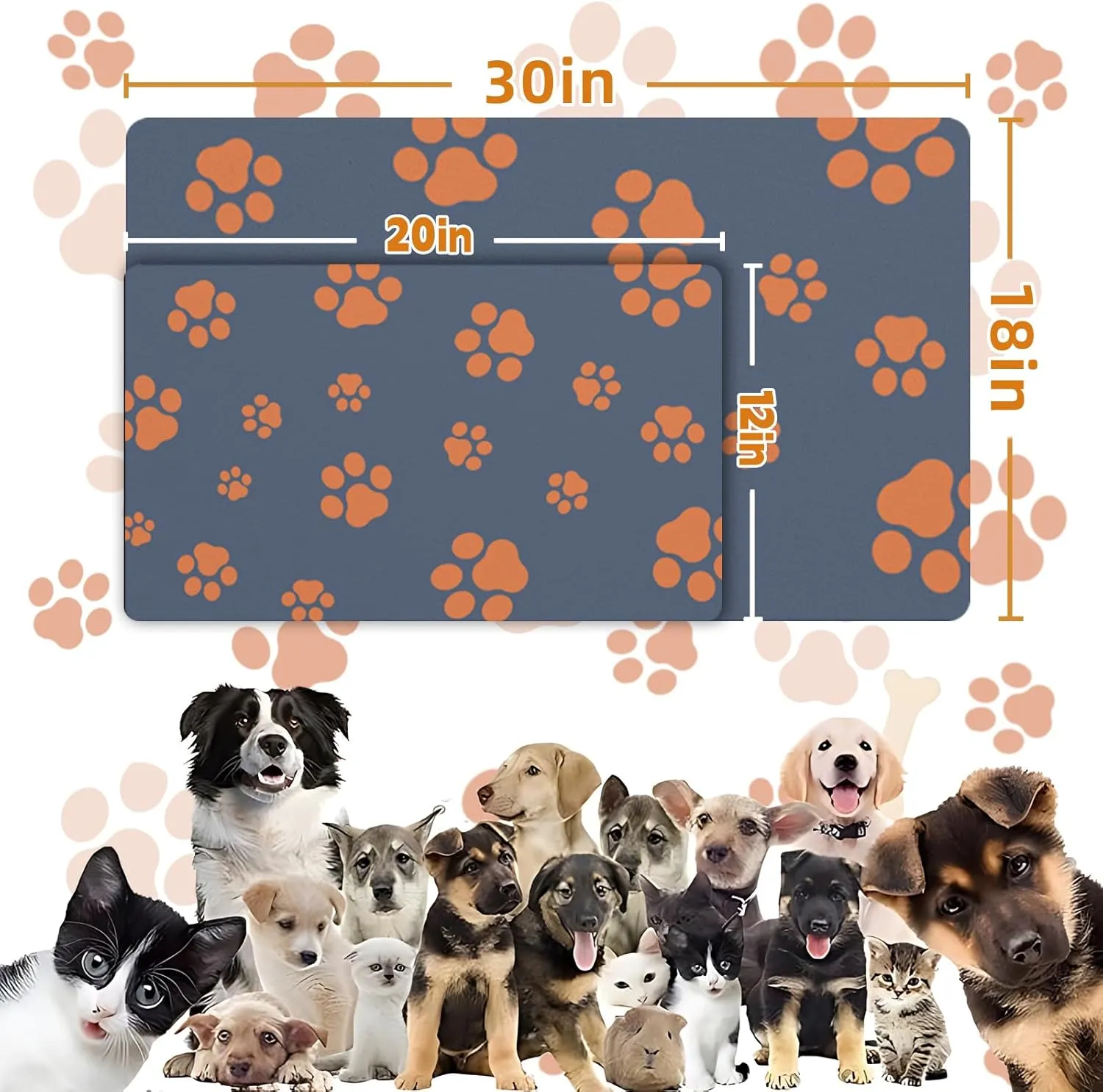 18"30" Dog Food Mat-Absorbent Dog Mat for Food and Water, No Stains Quick Dry Cat Dog Food Bowl Mat Non Skid Dog Feeding Mat with Footprints for Messy Drinkers Blue