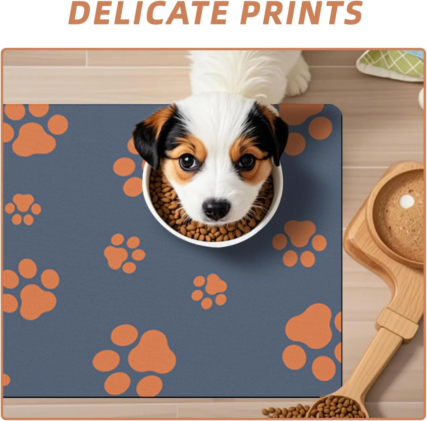 18"30" Dog Food Mat-Absorbent Dog Mat for Food and Water, No Stains Quick Dry Cat Dog Food Bowl Mat Non Skid Dog Feeding Mat with Footprints for Messy Drinkers Blue