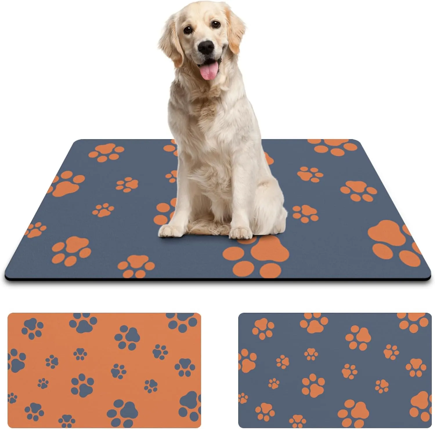 18"30" Dog Food Mat-Absorbent Dog Mat for Food and Water, No Stains Quick Dry Cat Dog Food Bowl Mat Non Skid Dog Feeding Mat with Footprints for Messy Drinkers Blue