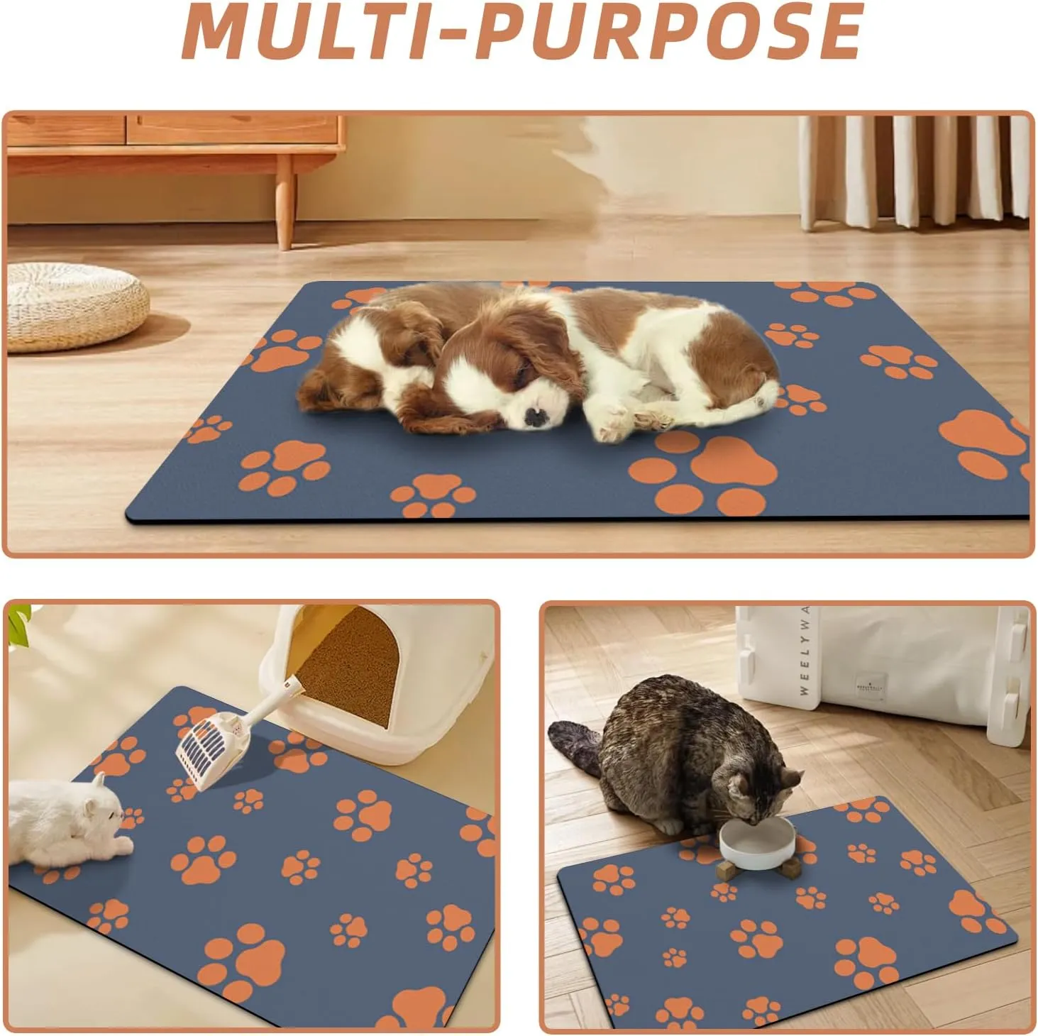 18"30" Dog Food Mat-Absorbent Dog Mat for Food and Water, No Stains Quick Dry Cat Dog Food Bowl Mat Non Skid Dog Feeding Mat with Footprints for Messy Drinkers Blue