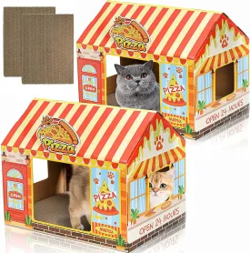 2 Pack Cardboard Cat Houses with Scratcher, 16.5''x12.25''x15'' Cat Hideaway Playhouse, Kitty Scratching Beds for Indoor Cats, Pizza Shop Cat Furniture Condo Cave Tent for Bunny Small Animals