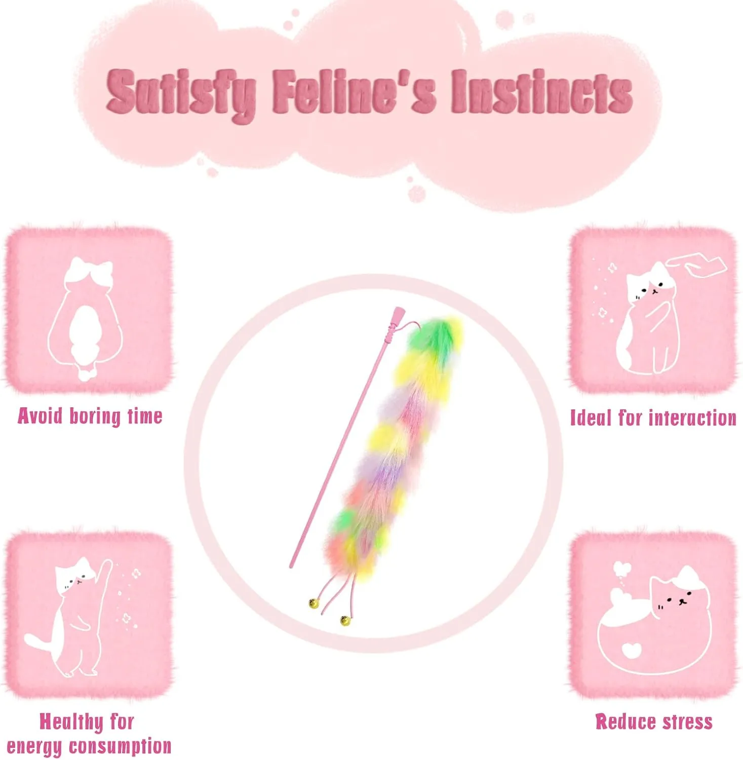 2 Pack Cat Wand Toy, Rainbow Cat Feather Toys with Bells, Teaser Wand with Soft Furry Tail, Interactive Toys for Indoor Cats & Kitten & Kitty