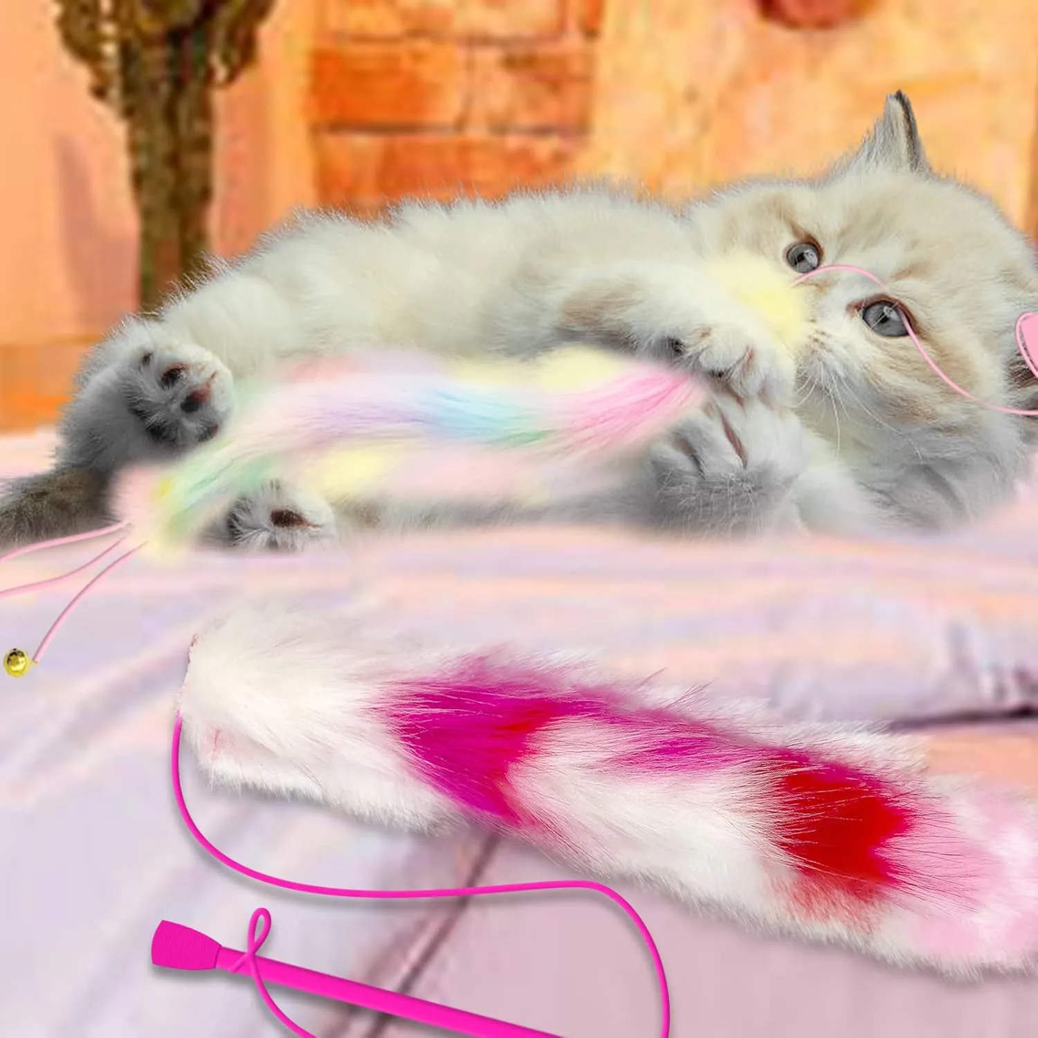 2 Pack Cat Wand Toy, Rainbow Cat Feather Toys with Bells, Teaser Wand with Soft Furry Tail, Interactive Toys for Indoor Cats & Kitten & Kitty