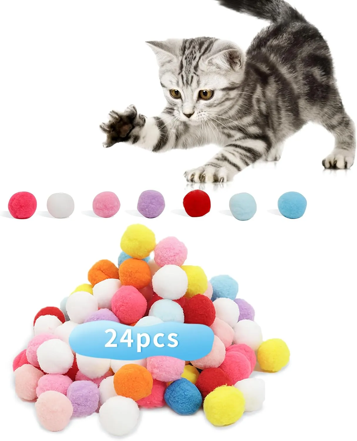 24 Pcs Colorful Pet Balls, Soft Plush Balls, Cat's Favorite Toy Ball, Interactive Cat Toy.