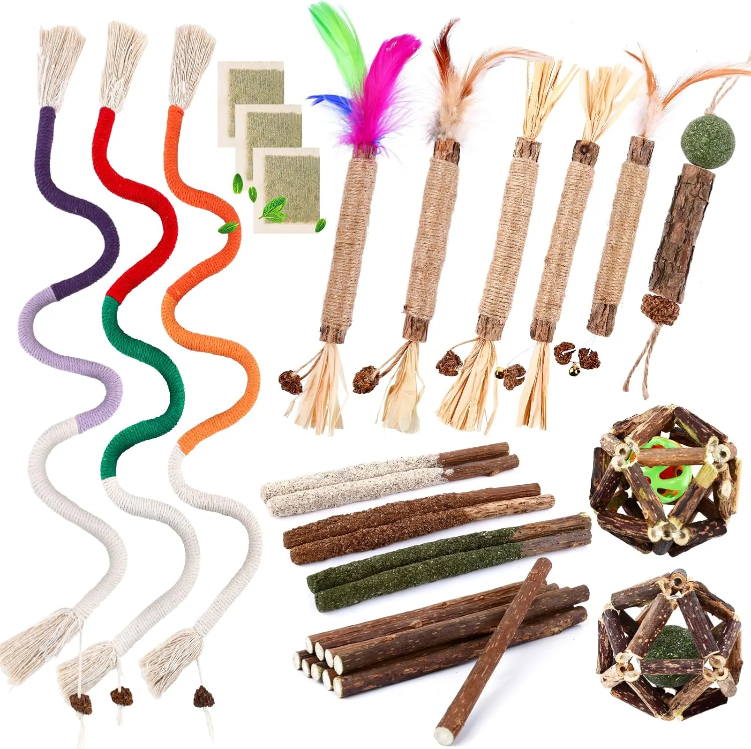 27 Pack Catnip Chew Toys for Cats,Cotton Sisal Rope Toys,Cat Natural Silvervine Sticks,for Cat Teeth Cleaning and Dental Care,Interactive Toy for Bored Indoor Cats