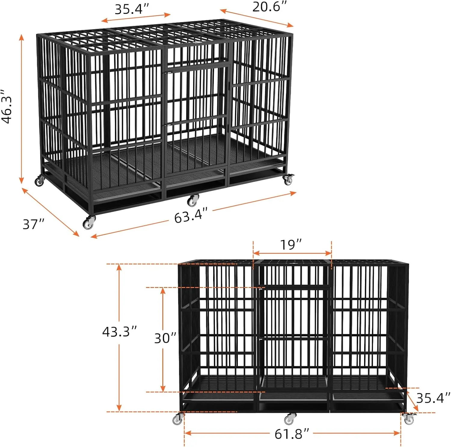 63" Heavy Duty Dog Crate and Kennel for High Anxiety Pets Large Indestructible Dog Crate Escape Proof Dog Cage Dog Kennel Pet Playpen for Training w/Wheels, Double Doors, Sturdy Locks, Tray, Black