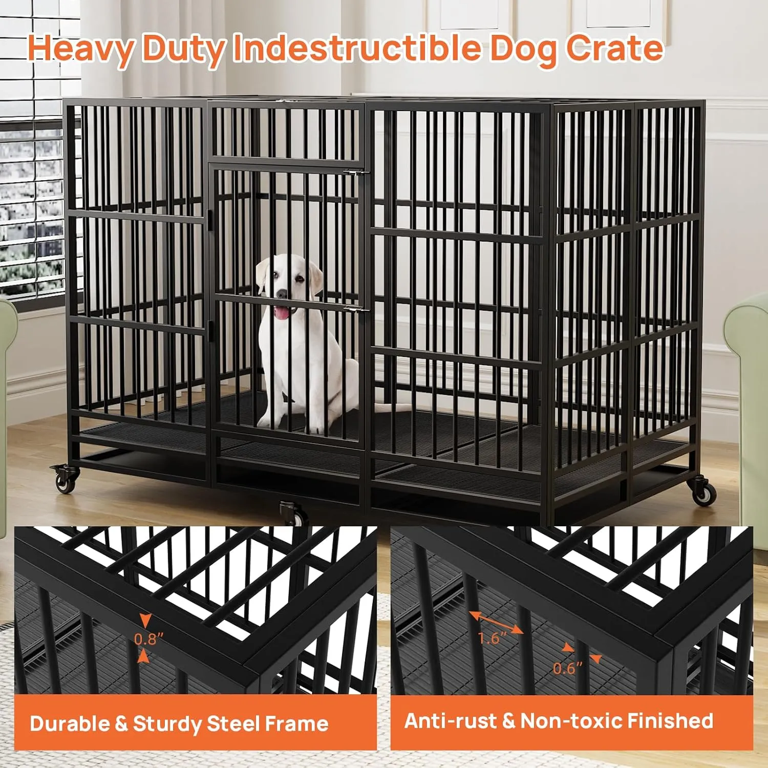 63" Heavy Duty Dog Crate and Kennel for High Anxiety Pets Large Indestructible Dog Crate Escape Proof Dog Cage Dog Kennel Pet Playpen for Training w/Wheels, Double Doors, Sturdy Locks, Tray, Black
