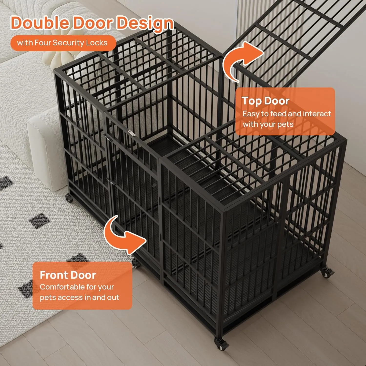 63" Heavy Duty Dog Crate and Kennel for High Anxiety Pets Large Indestructible Dog Crate Escape Proof Dog Cage Dog Kennel Pet Playpen for Training w/Wheels, Double Doors, Sturdy Locks, Tray, Black