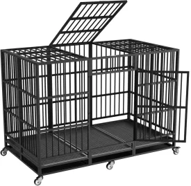 63" Heavy Duty Dog Crate and Kennel for High Anxiety Pets Large Indestructible Dog Crate Escape Proof Dog Cage Dog Kennel Pet Playpen for Training w/Wheels, Double Doors, Sturdy Locks, Tray, Black