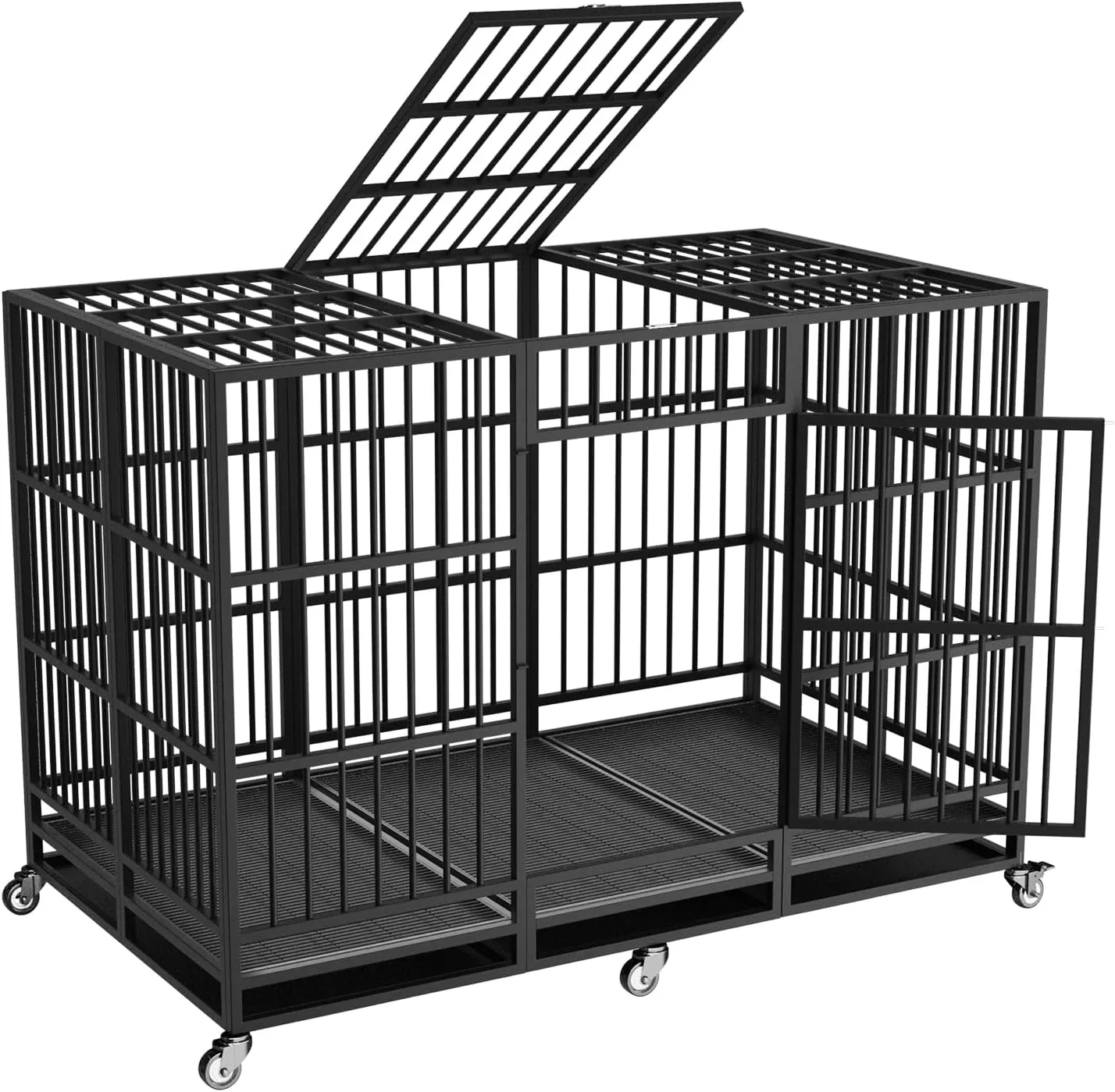 63" Heavy Duty Dog Crate and Kennel for High Anxiety Pets Large Indestructible Dog Crate Escape Proof Dog Cage Dog Kennel Pet Playpen for Training w/Wheels, Double Doors, Sturdy Locks, Tray, Black