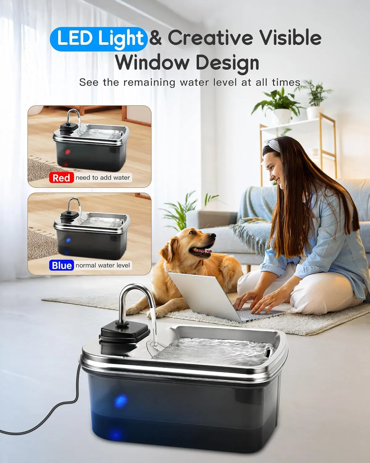 7.5L/254oz Dog Water Fountain with 4 Filters, Stainless Steel Pet Water Dispenser for Large Dogs, Large Automatic Dog Water Drinking Fountain Dog Water Bowl Dispenser, Easy to Clean, Quiet Pump