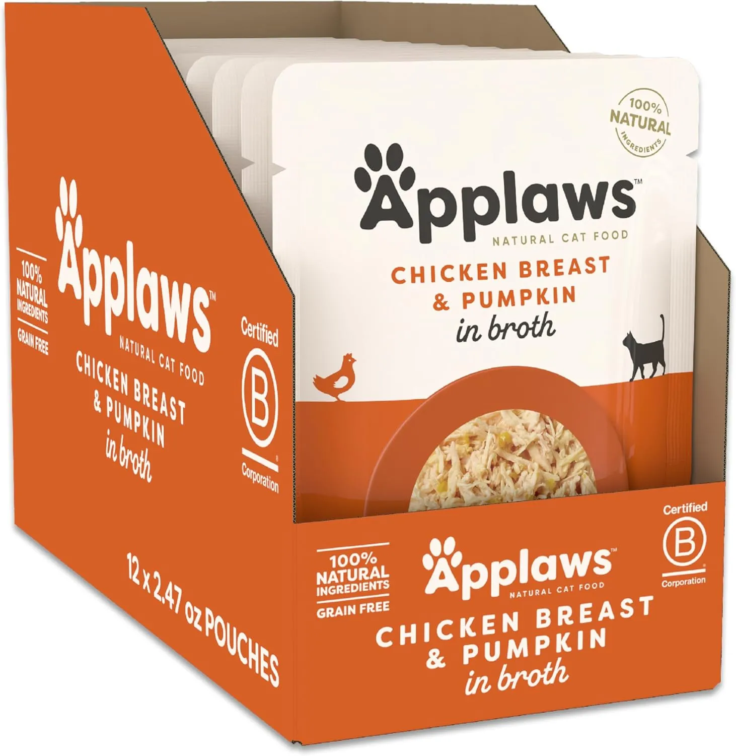 Applaws Natural Wet Cat Food, 12 Count, Limited Ingredient Wet Cat Food Pouches, Chicken Breast with Pumpkin in Broth, 2.47oz Pouches