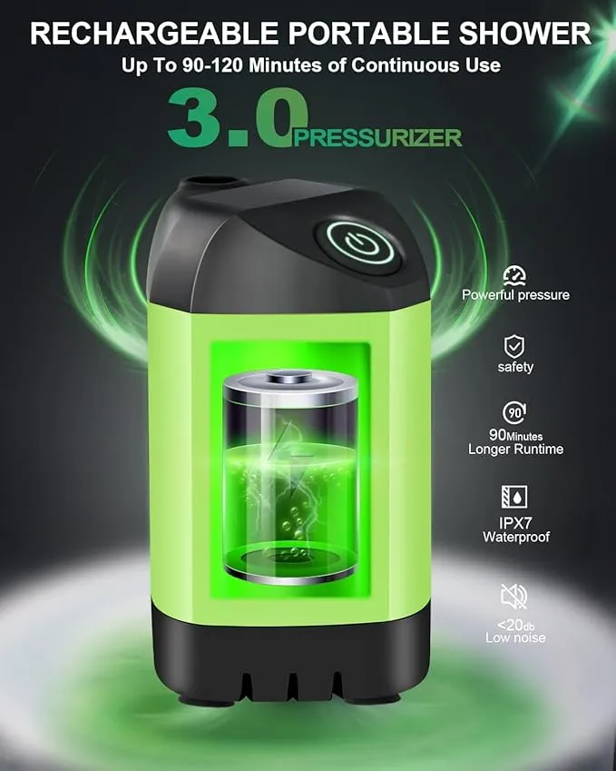 AUTOPkio Portable Camping Shower Pump - Camp Shower with Outdoor Showerhead Sprayer & Rechargeable 4500mAh Battery Pump for Camping, Travel, Hiking, Car Washing, Pet Bath(Green)