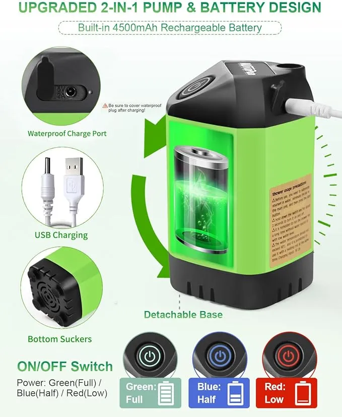AUTOPkio Portable Camping Shower Pump - Camp Shower with Outdoor Showerhead Sprayer & Rechargeable 4500mAh Battery Pump for Camping, Travel, Hiking, Car Washing, Pet Bath(Green)