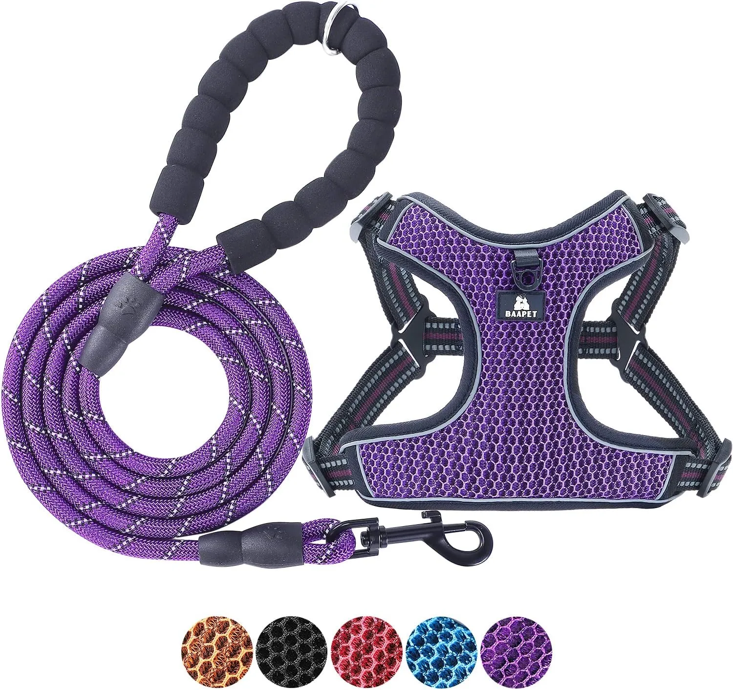 BAAPET Breathable Dog Harness for Small Puppy, Medium Dogs Step-in and Air Mesh with 6 Feet Reflective Rope Dog Leash (XL - 6 FT x Chest (24~28''), Purple)