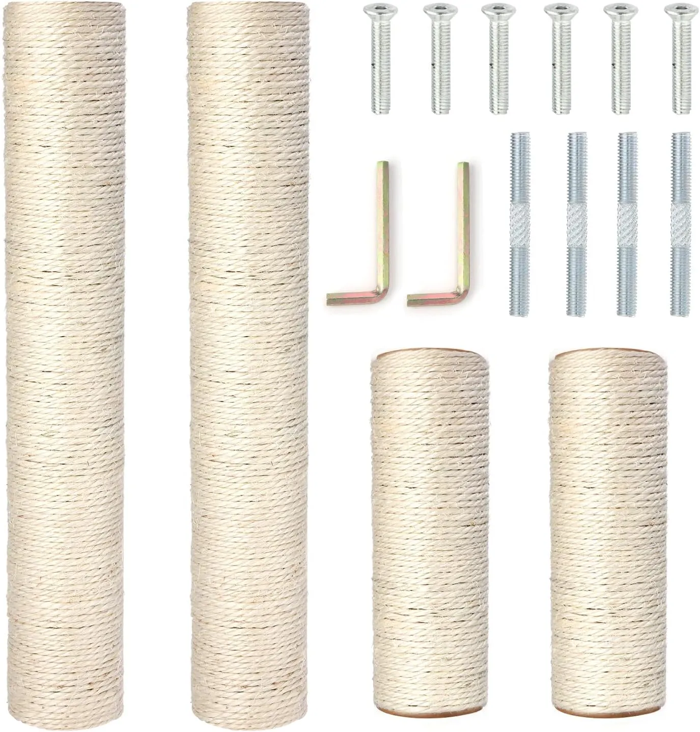 Barelove Cat Scratching Post Replacement, 4 Pieces Cat Scratcher Cat Tree Replacement Parts, 15.4'' x 2.67" Dia   7.87 x 2.67" DiaNatural Sisal Rope Cat Scratch Posts Include M8 Screws