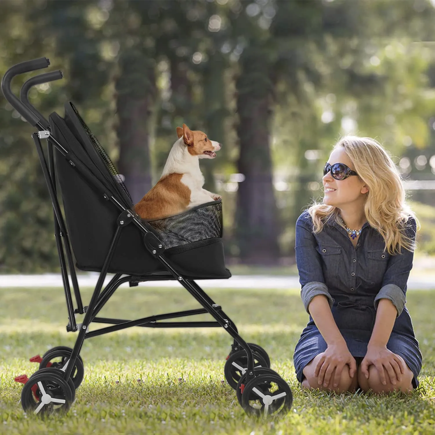 BestPet Pet Stroller Dog Cat Stroller with Handlebars Canopy Breathable Mesh & Leash Seat Belt Foldable for Travelling Shopping Walking Playing for Small Medium Dogs Cats,Black