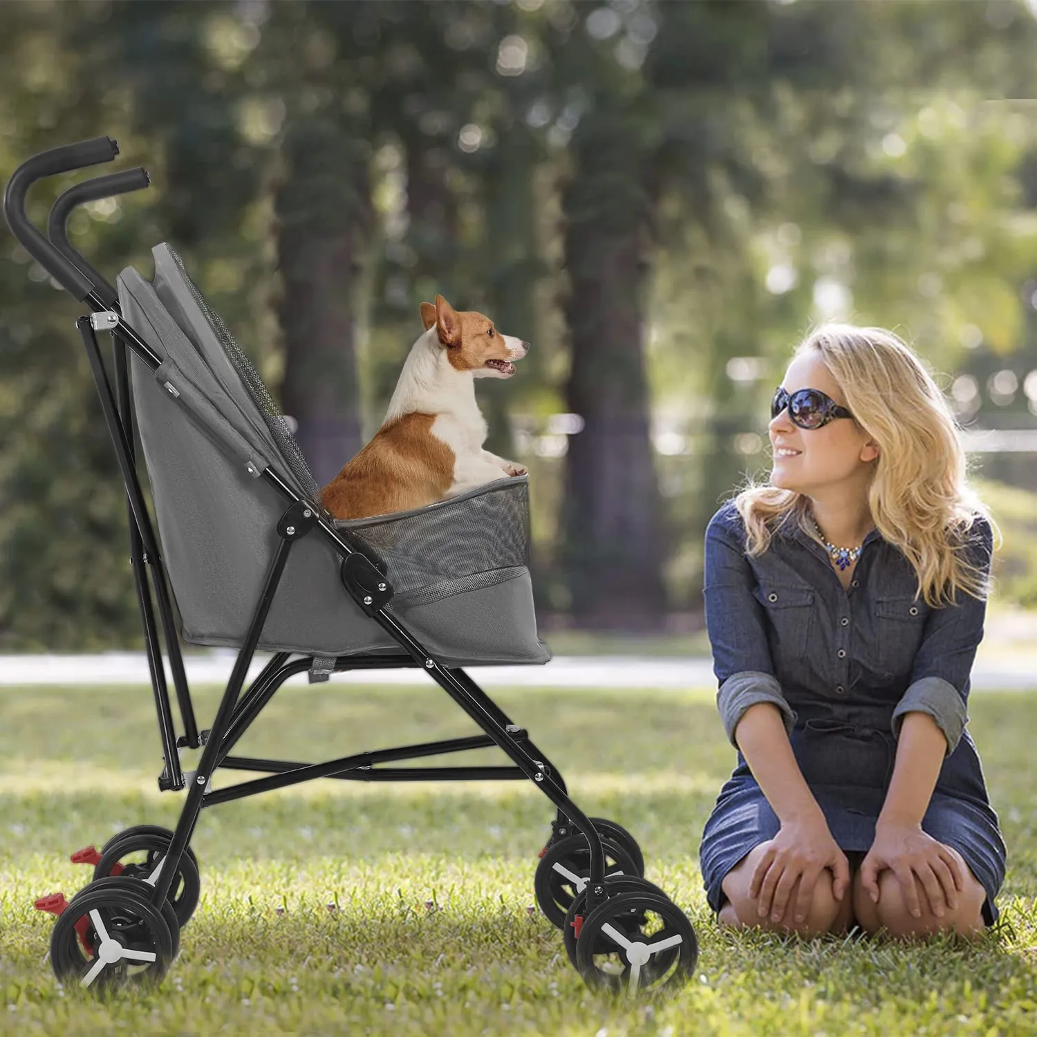 BestPet Pet Stroller Dog Cat with Handlebars Canopy Breathable Mesh & Leash Seat Belt Foldable Puppy for Travelling Shopping Walking Playing Small Medium Dogs Cats (Grey) 9.0 pounds 1.0 Count 1