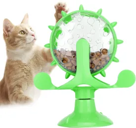 Cat Food Leakage Toy, Windmill Treat Dispensing Cat Puzzle Food Interactive Toy Kitten Slow Feeder Snacks Distribution with Powerful Suction Cup(Green)