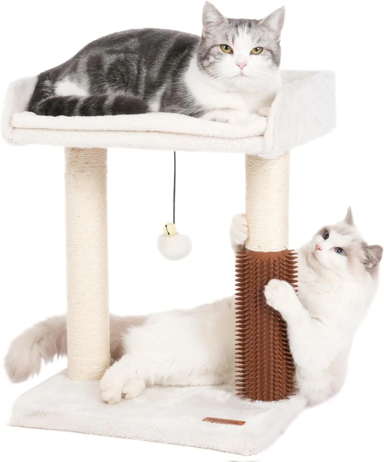 Cat Scratching Post Small Cat Tree with Cat Self Groomer, 15.7x13.7 Wide Top Bed, Natural Scratch Post and Danging Ball Great for Kittens and Average Indoor Cats-Medium Beige