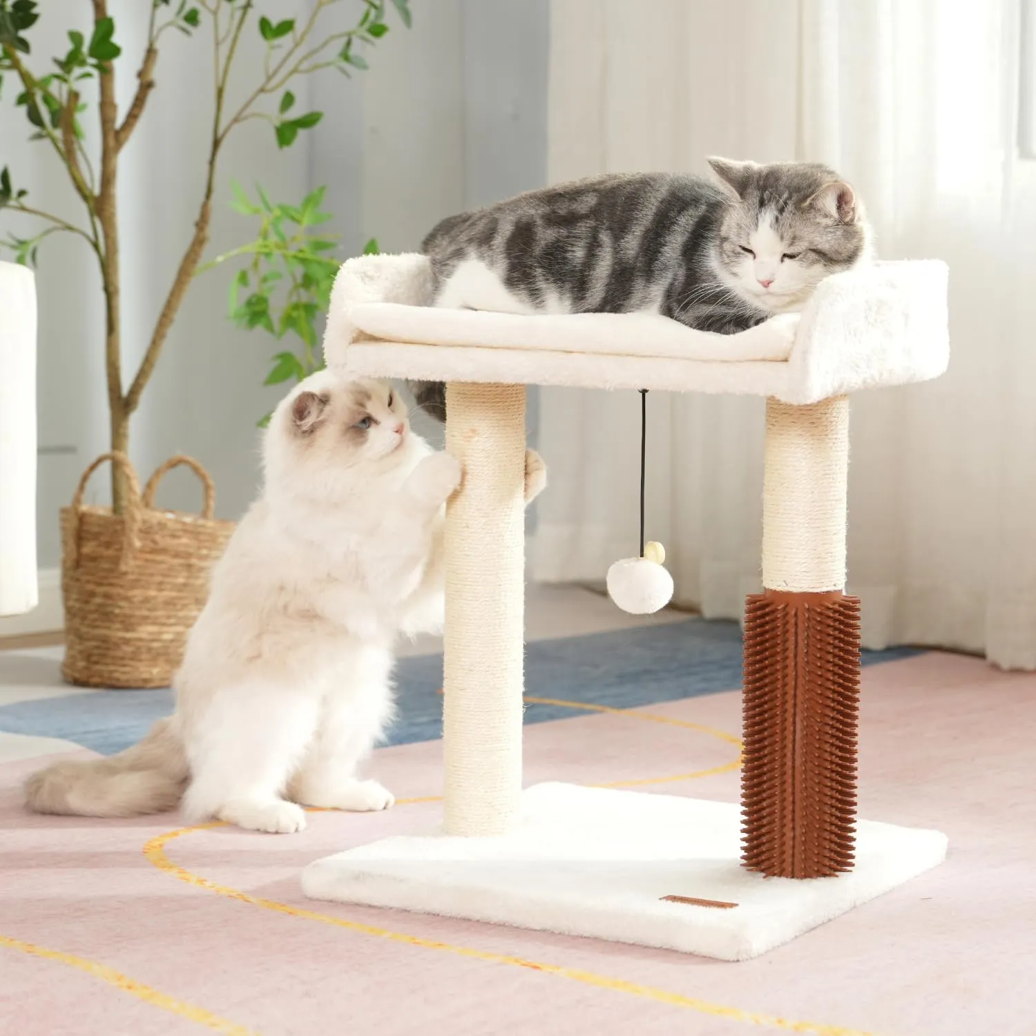 Cat Scratching Post Small Cat Tree with Cat Self Groomer, 15.7x13.7 Wide Top Bed, Natural Scratch Post and Danging Ball Great for Kittens and Average Indoor Cats-Medium Beige