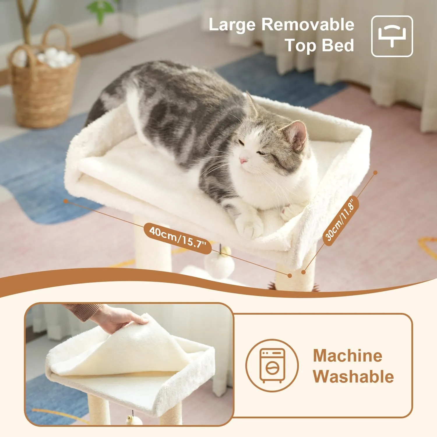 Cat Scratching Post Small Cat Tree with Cat Self Groomer, 15.7x13.7 Wide Top Bed, Natural Scratch Post and Danging Ball Great for Kittens and Average Indoor Cats-Medium Beige