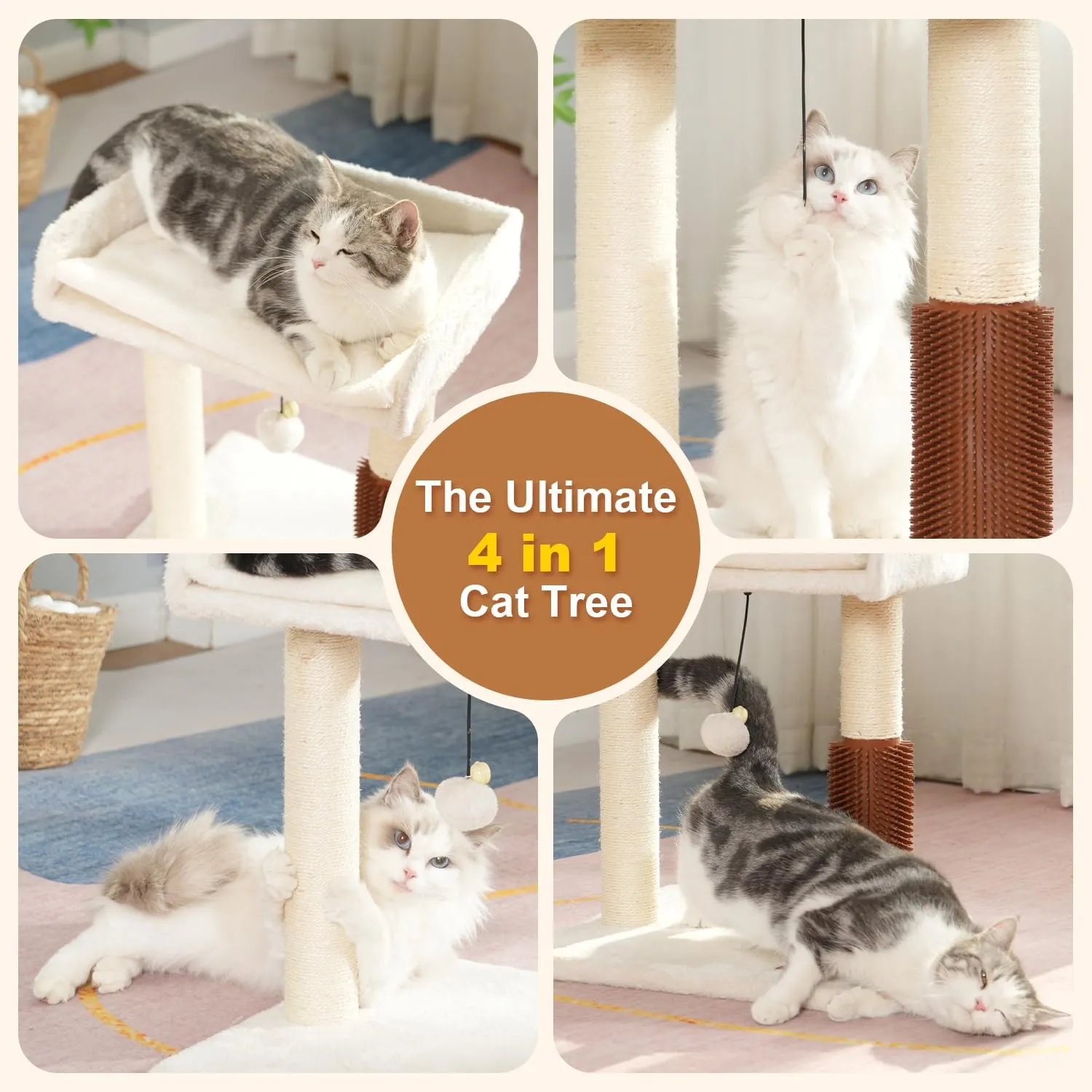 Cat Scratching Post Small Cat Tree with Cat Self Groomer, 15.7x13.7 Wide Top Bed, Natural Scratch Post and Danging Ball Great for Kittens and Average Indoor Cats-Medium Beige