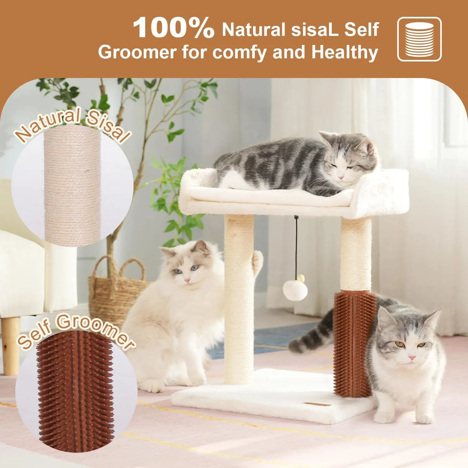Cat Scratching Post Small Cat Tree with Cat Self Groomer, 15.7x13.7 Wide Top Bed, Natural Scratch Post and Danging Ball Great for Kittens and Average Indoor Cats-Medium Beige