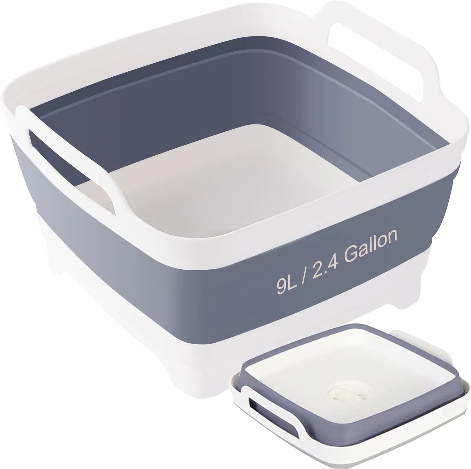 Collapsible Dish Basin 2.4Gal with Drain Plug - Portable Sink for RV Camping Sink, Baby Bottles | Space Saving Foldable Design | BPA-Free TPR/PP Material (Grey)