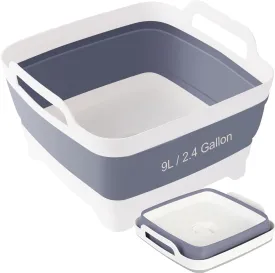 Collapsible Dish Basin 2.4Gal with Drain Plug - Portable Sink for RV Camping Sink, Baby Bottles | Space Saving Foldable Design | BPA-Free TPR/PP Material (Grey)