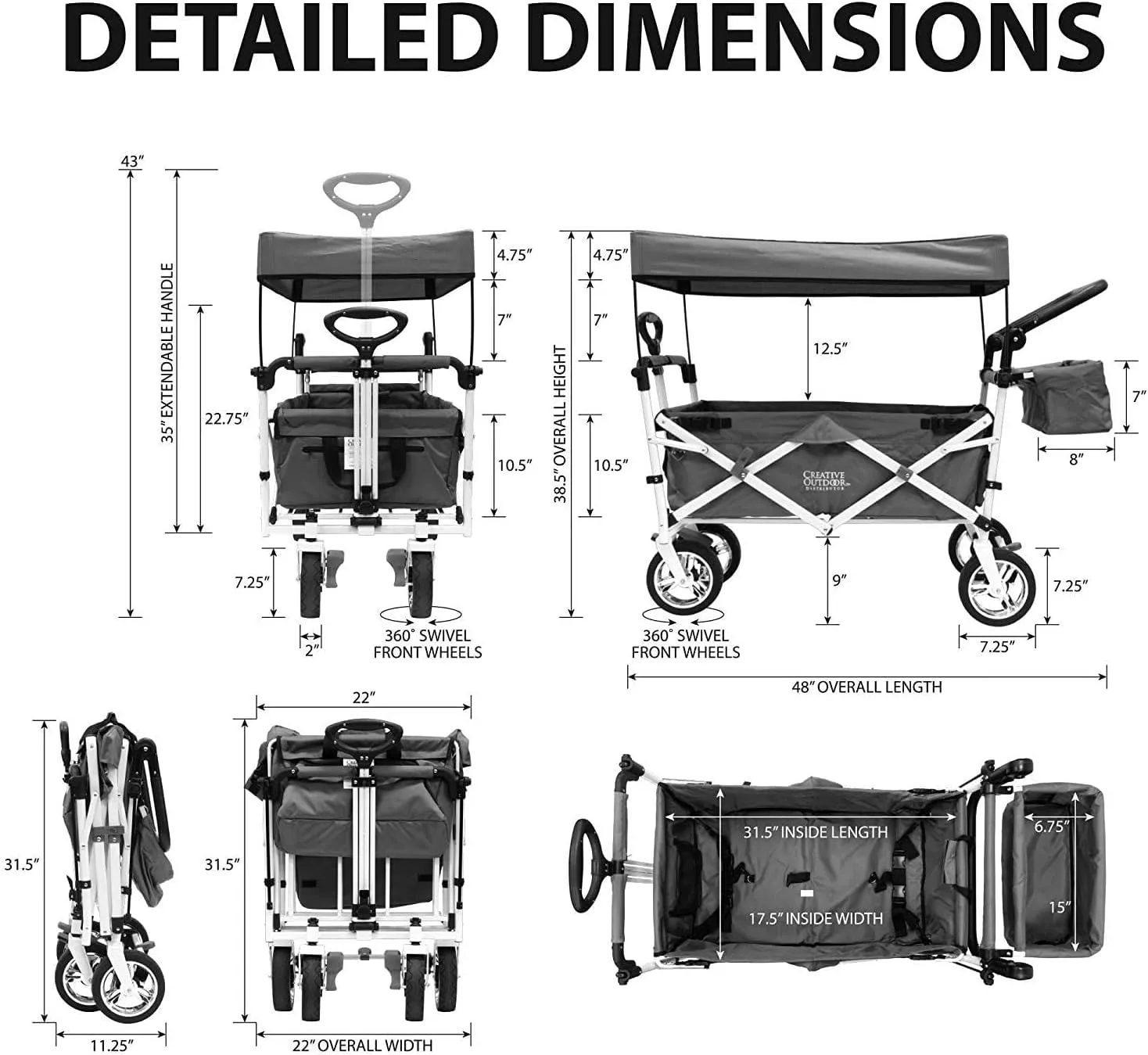 Creative Outdoor Distributor Push Pull Wagon for Kids, Foldable with Removable Canopy, Navy
