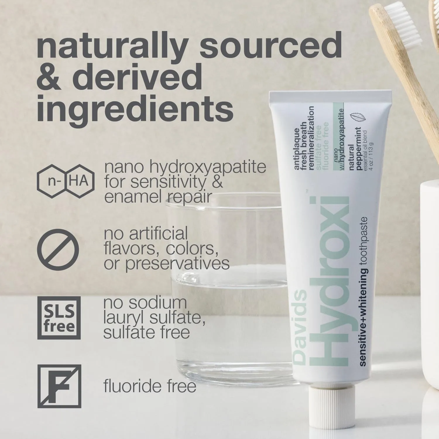 Davids Hydroxi Fluoride Free Nano Hydroxyapatite Toothpaste for Remineralizing Enamel & Sensitive Relief, Whitening, Antiplaque, SLS Free, Natural Peppermint, 5.25oz, Made in USA