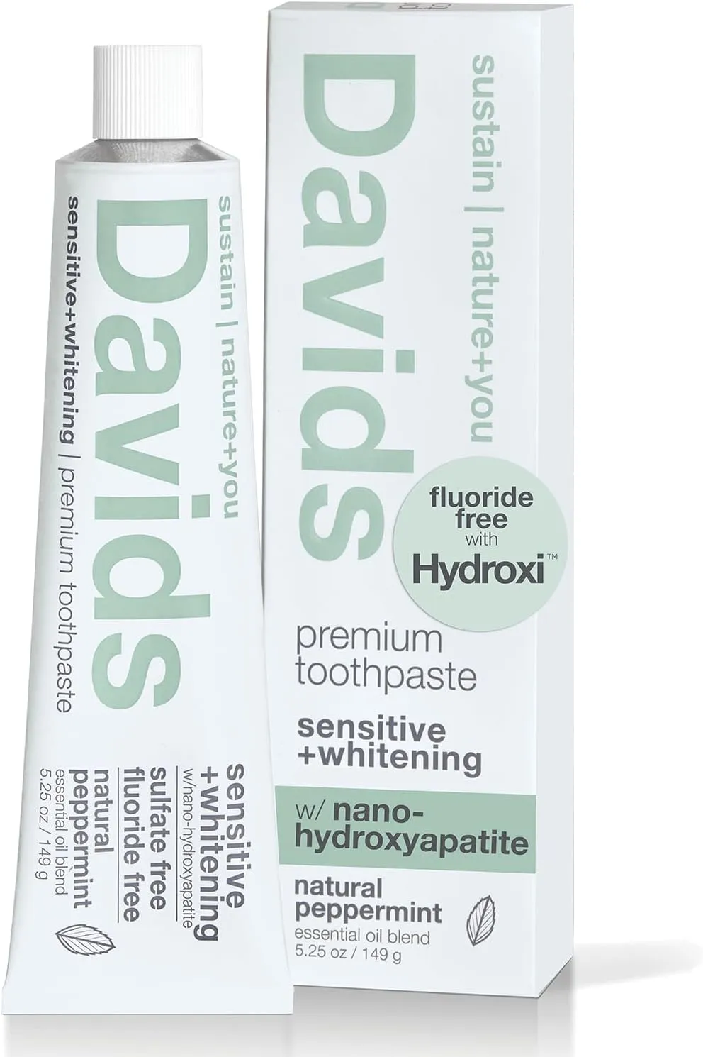 Davids Hydroxi Fluoride Free Nano Hydroxyapatite Toothpaste for Remineralizing Enamel & Sensitive Relief, Whitening, Antiplaque, SLS Free, Natural Peppermint, 5.25oz, Made in USA