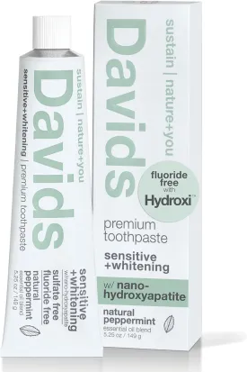 Davids Hydroxi Fluoride Free Nano Hydroxyapatite Toothpaste for Remineralizing Enamel & Sensitive Relief, Whitening, Antiplaque, SLS Free, Natural Peppermint, 5.25oz, Made in USA