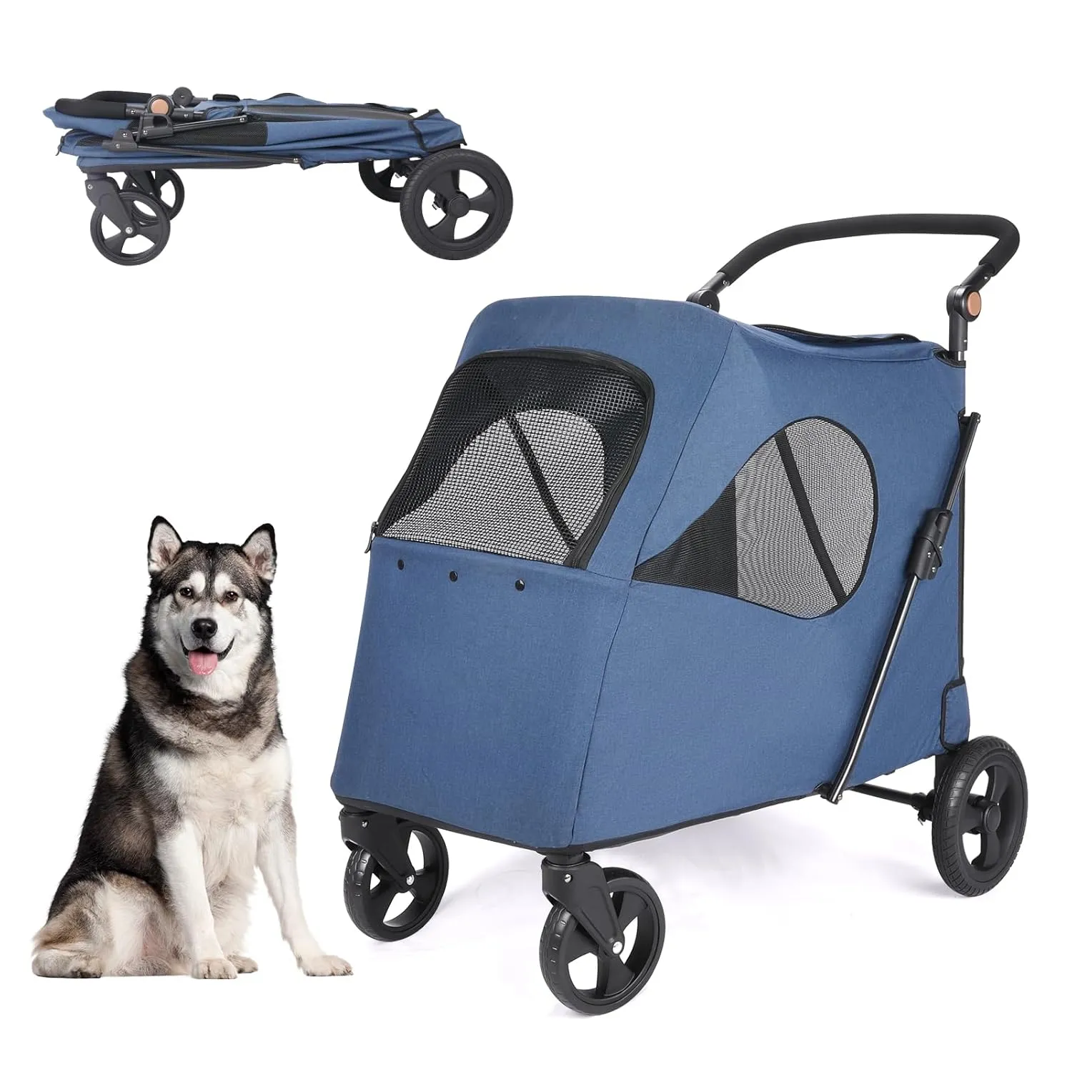 Dog Stroller, Foldable Cart with 4 Wheels, Mesh Skylight Pet Stroller for Small to Large Dogs and Other Pets, Storage Space, Easy In/Out (Navy)