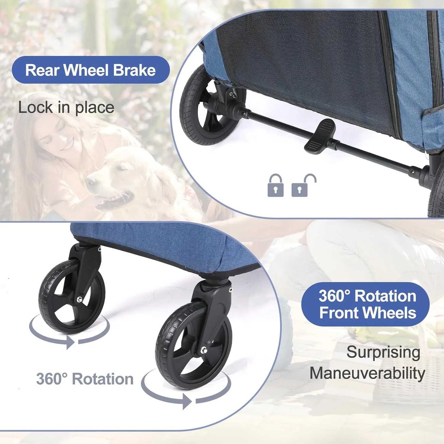 Dog Stroller, Foldable Cart with 4 Wheels, Mesh Skylight Pet Stroller for Small to Large Dogs and Other Pets, Storage Space, Easy In/Out (Navy)
