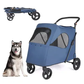 Dog Stroller, Foldable Cart with 4 Wheels, Mesh Skylight Pet Stroller for Small to Large Dogs and Other Pets, Storage Space, Easy In/Out (Navy)