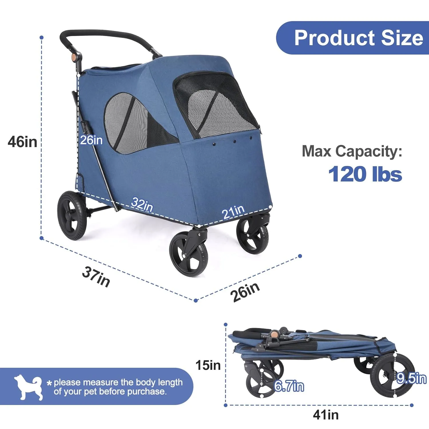 Dog Stroller, Foldable Cart with 4 Wheels, Mesh Skylight Pet Stroller for Small to Large Dogs and Other Pets, Storage Space, Easy In/Out (Navy)