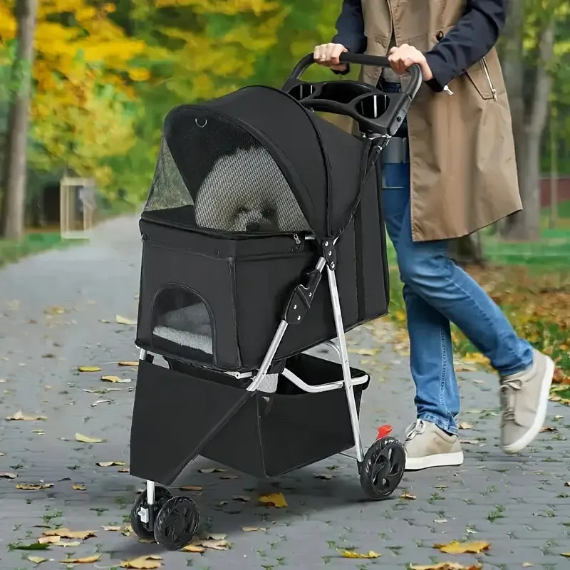 Dog Stroller Pet Travel Carriage 3 Wheeler w/Foldable Carrier Cart W/Cup Holder