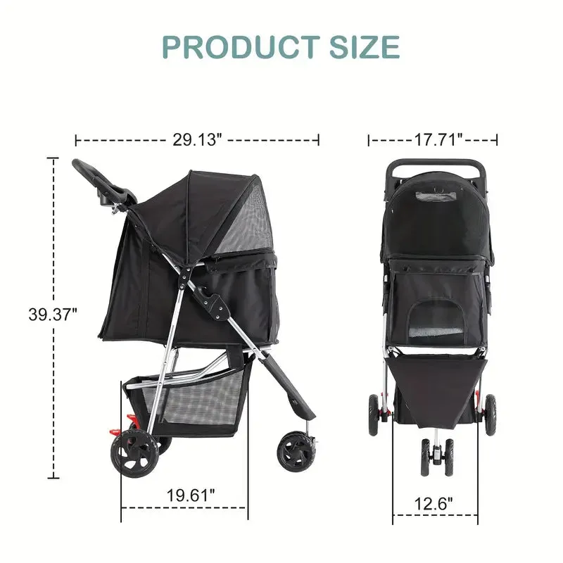 Dog Stroller Pet Travel Carriage 3 Wheeler w/Foldable Carrier Cart W/Cup Holder