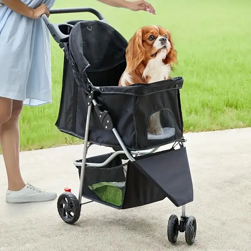 Dog Stroller Pet Travel Carriage 3 Wheeler w/Foldable Carrier Cart W/Cup Holder