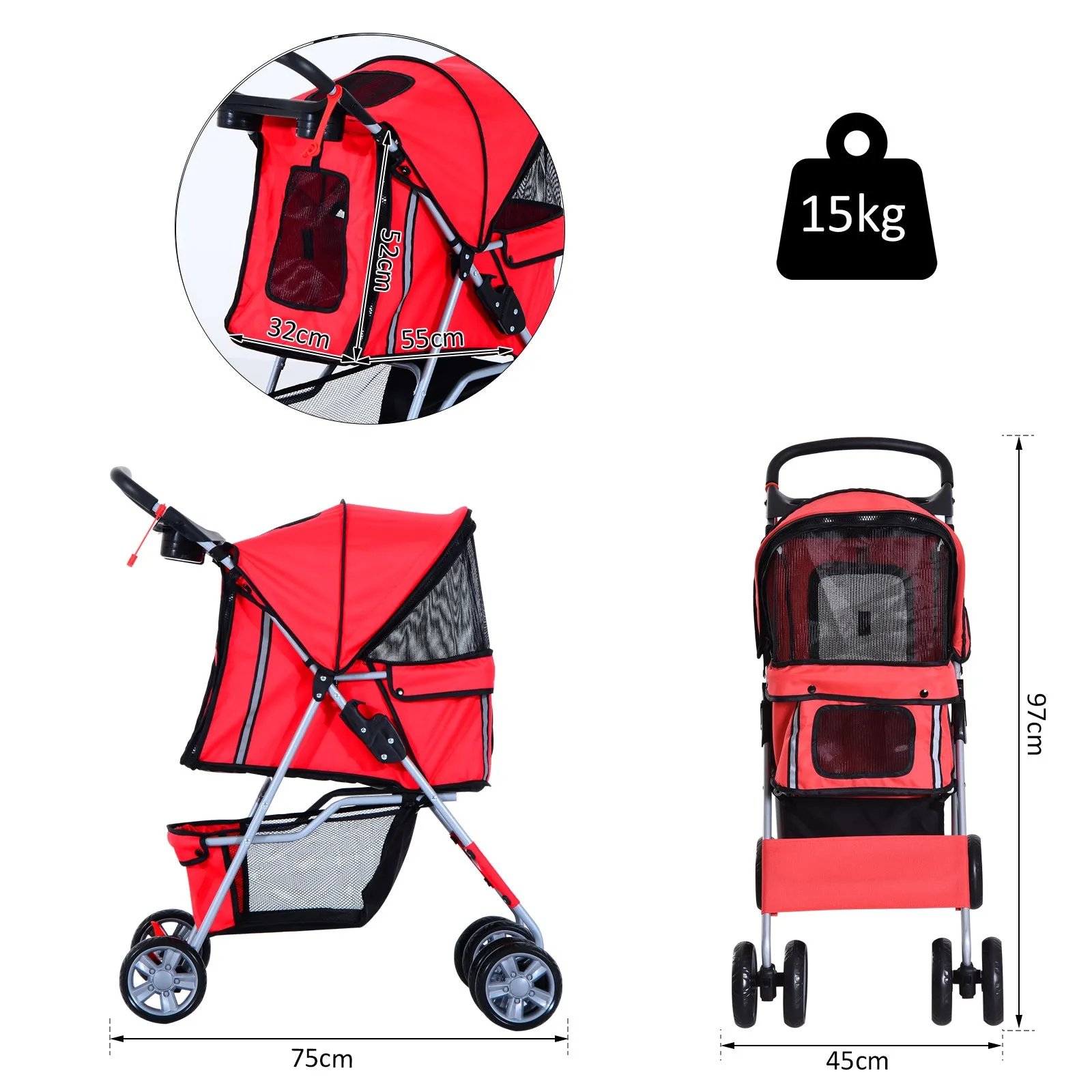 Dogs 600D Oxford Cloth Pram Red - Suitable for Small Pets