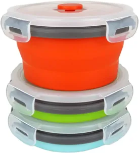 Ecomorning 3Piece Round Collapsible Lunch Container Silicone Food Storage Containers Collapsible Camping Bowl with Airtight Silicone Lids, Microwave, & Freezer Safe, 350ML