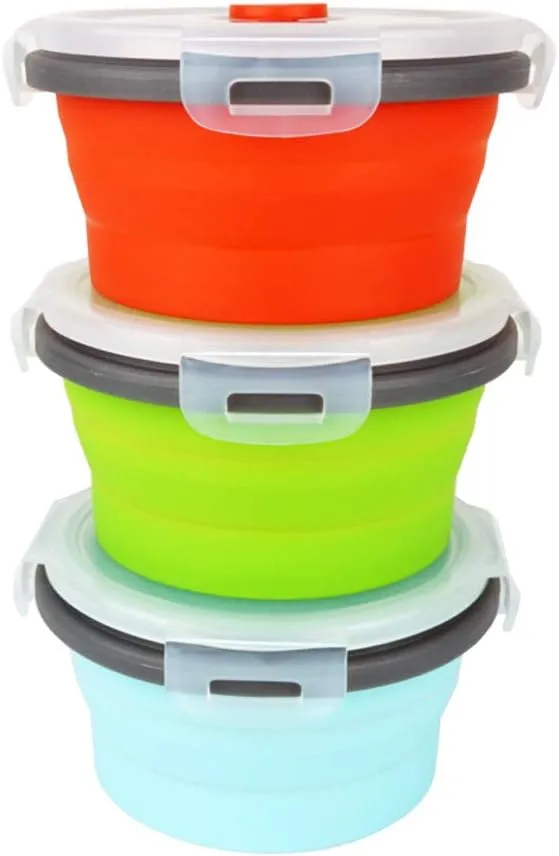 Ecomorning 3Piece Round Collapsible Lunch Container Silicone Food Storage Containers Collapsible Camping Bowl with Airtight Silicone Lids, Microwave, & Freezer Safe, 350ML