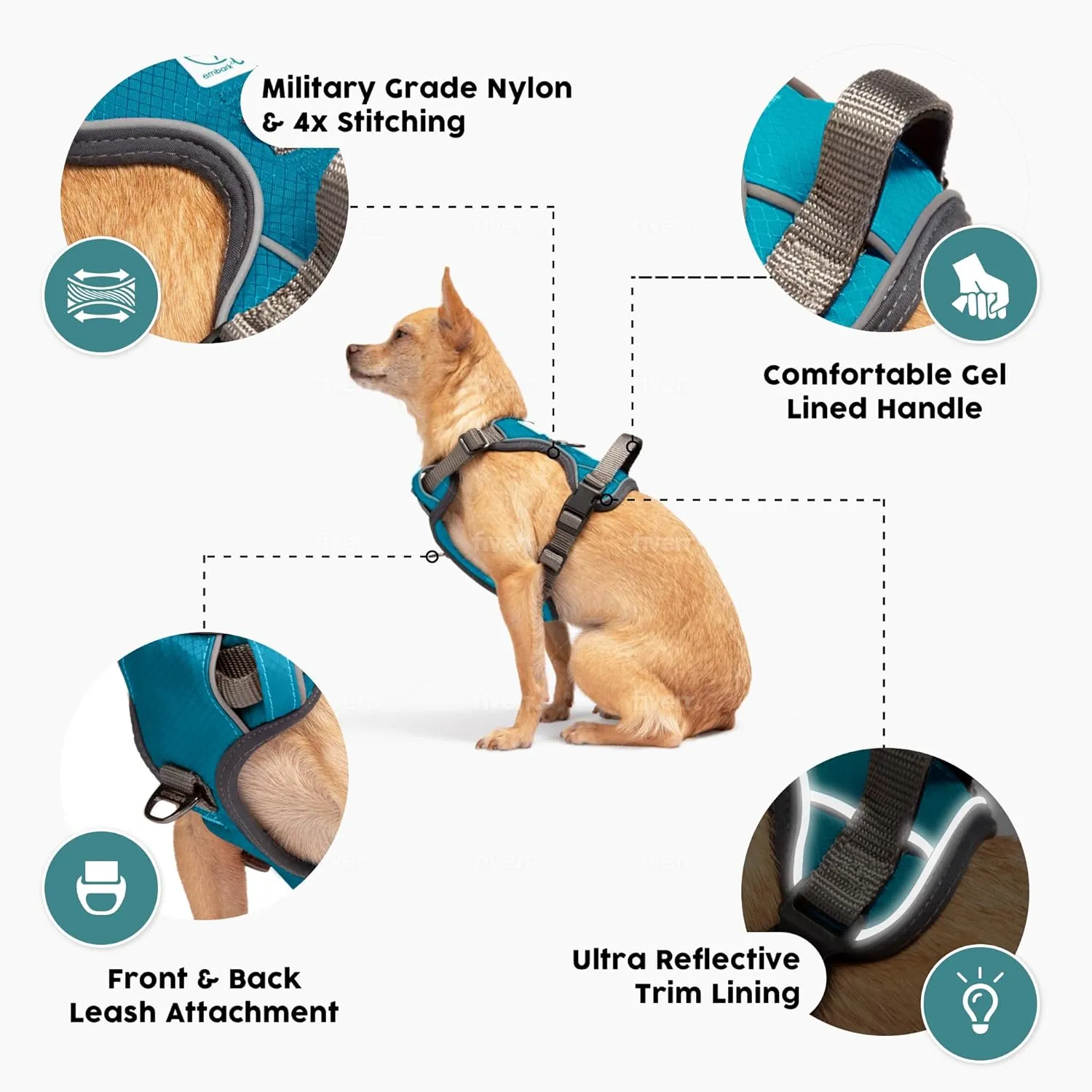 Embark Adventure Dog Harness, Reflective Trim No Pull Dog Harness for Large Dogs - Military Grade Nylon, Front Clip with Gel Lined Handle.