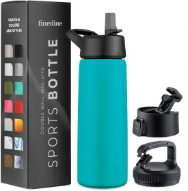 FineDine Water Bottle - Stainless Steel Insulated Water Bottle with Straw Lid, Flip Lid & Wide-Mouth Cap - Keeps Hot and Cold - 25 Oz / 739ml - Cheery Turquoise