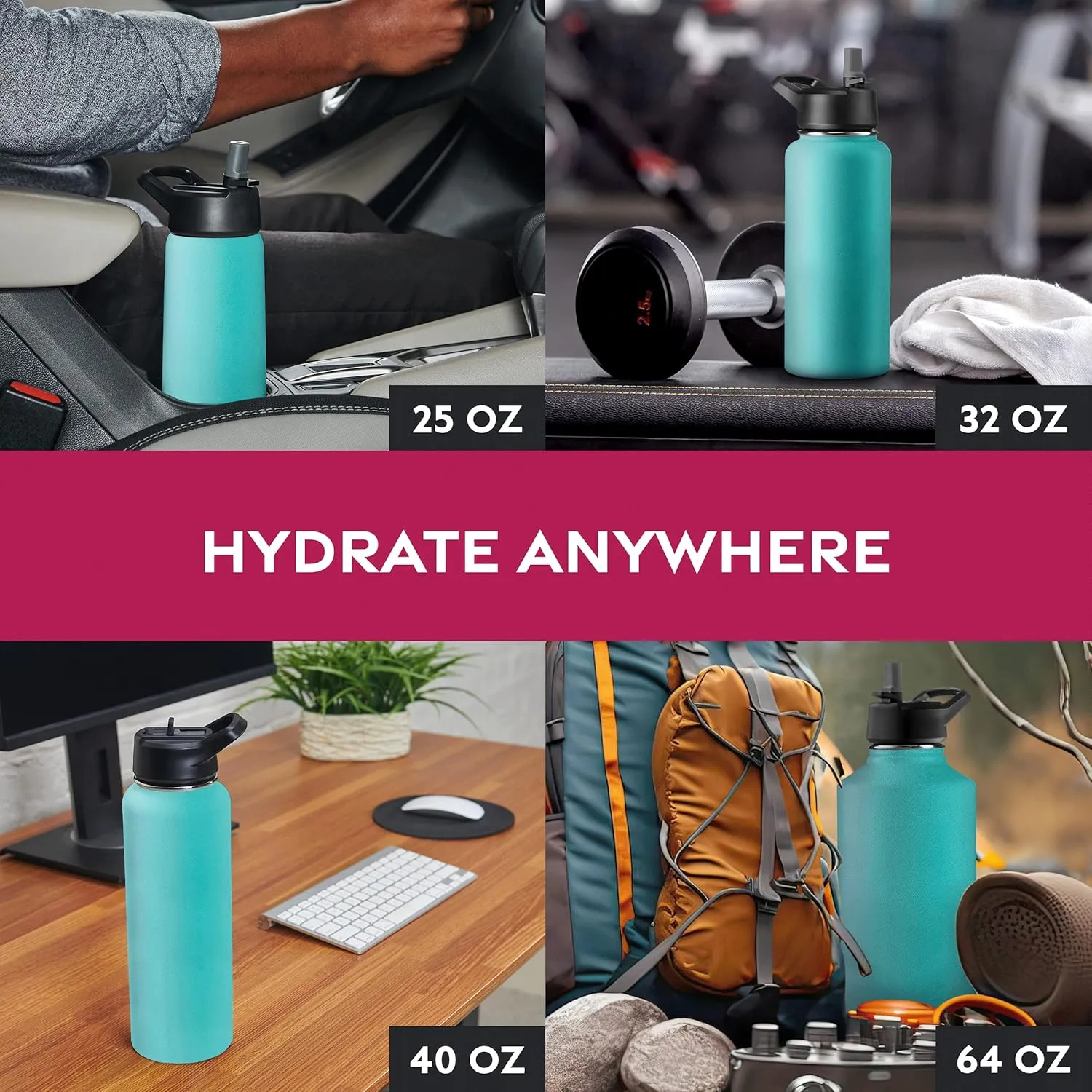 FineDine Water Bottle - Stainless Steel Insulated Water Bottle with Straw Lid, Flip Lid & Wide-Mouth Cap - Keeps Hot and Cold - 25 Oz / 739ml - Cheery Turquoise