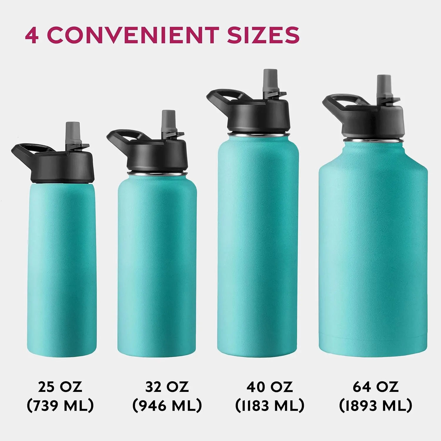 FineDine Water Bottle - Stainless Steel Insulated Water Bottle with Straw Lid, Flip Lid & Wide-Mouth Cap - Keeps Hot and Cold - 25 Oz / 739ml - Cheery Turquoise