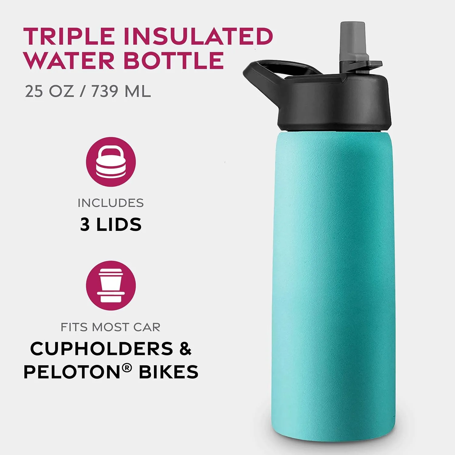 FineDine Water Bottle - Stainless Steel Insulated Water Bottle with Straw Lid, Flip Lid & Wide-Mouth Cap - Keeps Hot and Cold - 25 Oz / 739ml - Cheery Turquoise