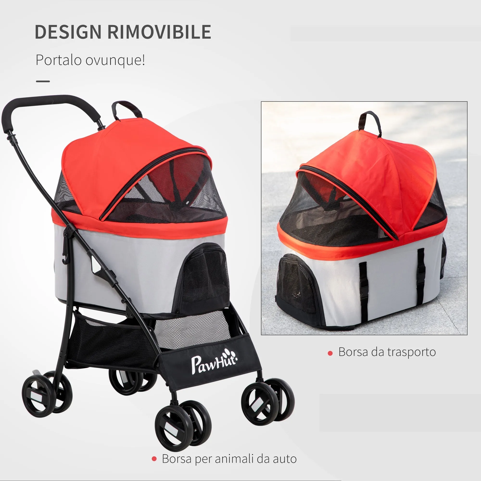 Foldable Dog Stroller with Removable Carrier and Canopy, 82x49. 5x98cm, Red